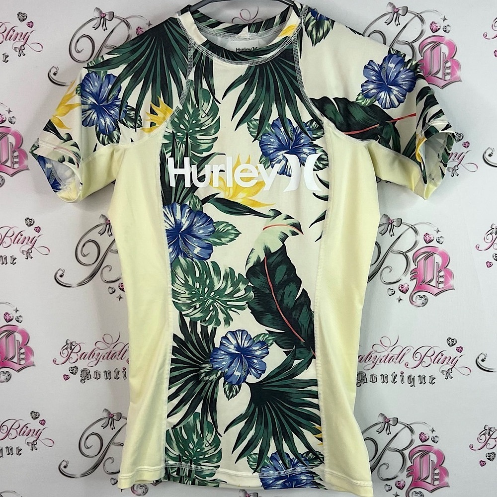 Hurley rash guard swim shirt Cream T-Shirt with Green and Blue Tropical Print